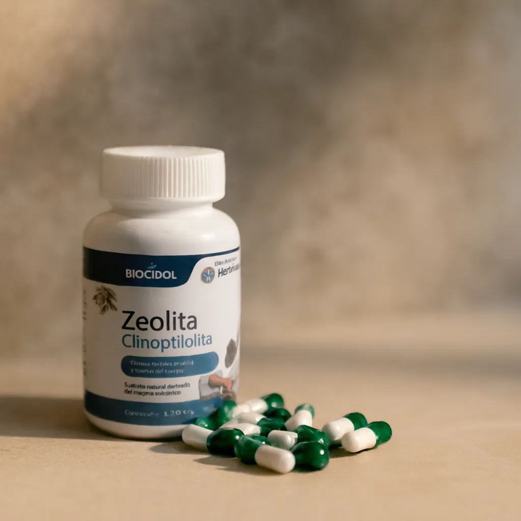 Frasco de cápsulas de zeolita clinoptilolita Biocidol sobre superficie neutra