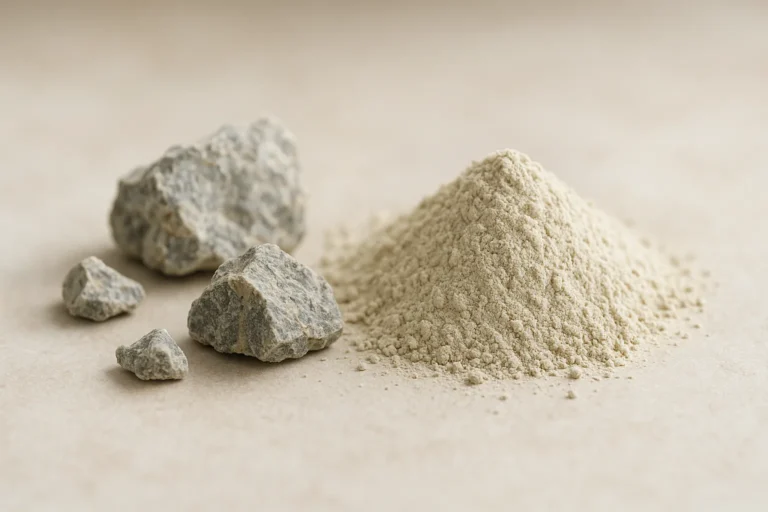 Roca mineral y polvo de zeolita clinoptilolita de origen volcánico sobre superficie neutra