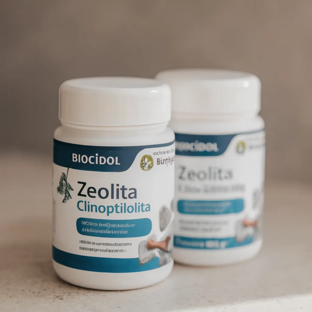 Frascos de zeolita clinoptilolita en polvo Biocidol sobre superficie neutra